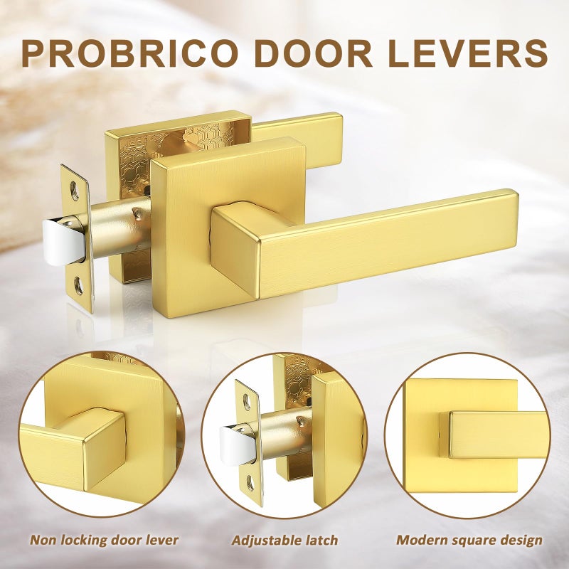 Probrico 6 Packs Gold Passage Door Handles Square Keyless Door knobs Interior Hallway Passage Closet Lever - Image 5